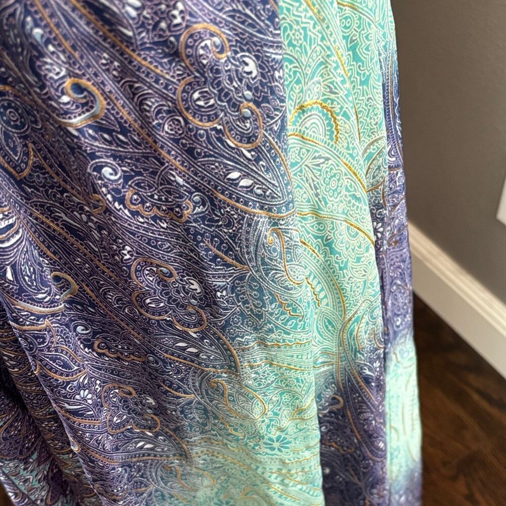 Flowy Bohemian Maxi Dress in Indigo & Mint with Gold Accents - Picture 6 of 7